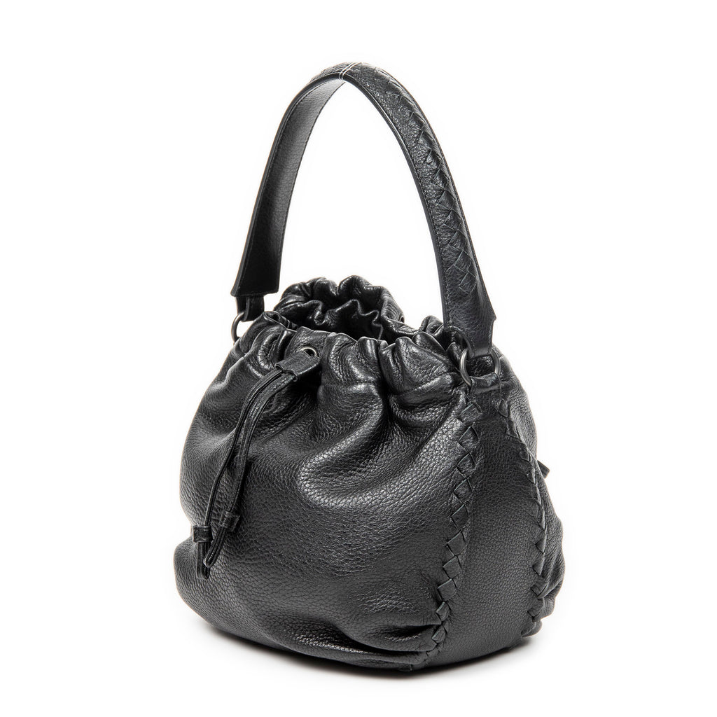 Shoulder Bag Drawstring Bucket Tote Black Grained Leather