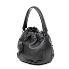 Shoulder Bag Drawstring Bucket Tote Black Grained Leather