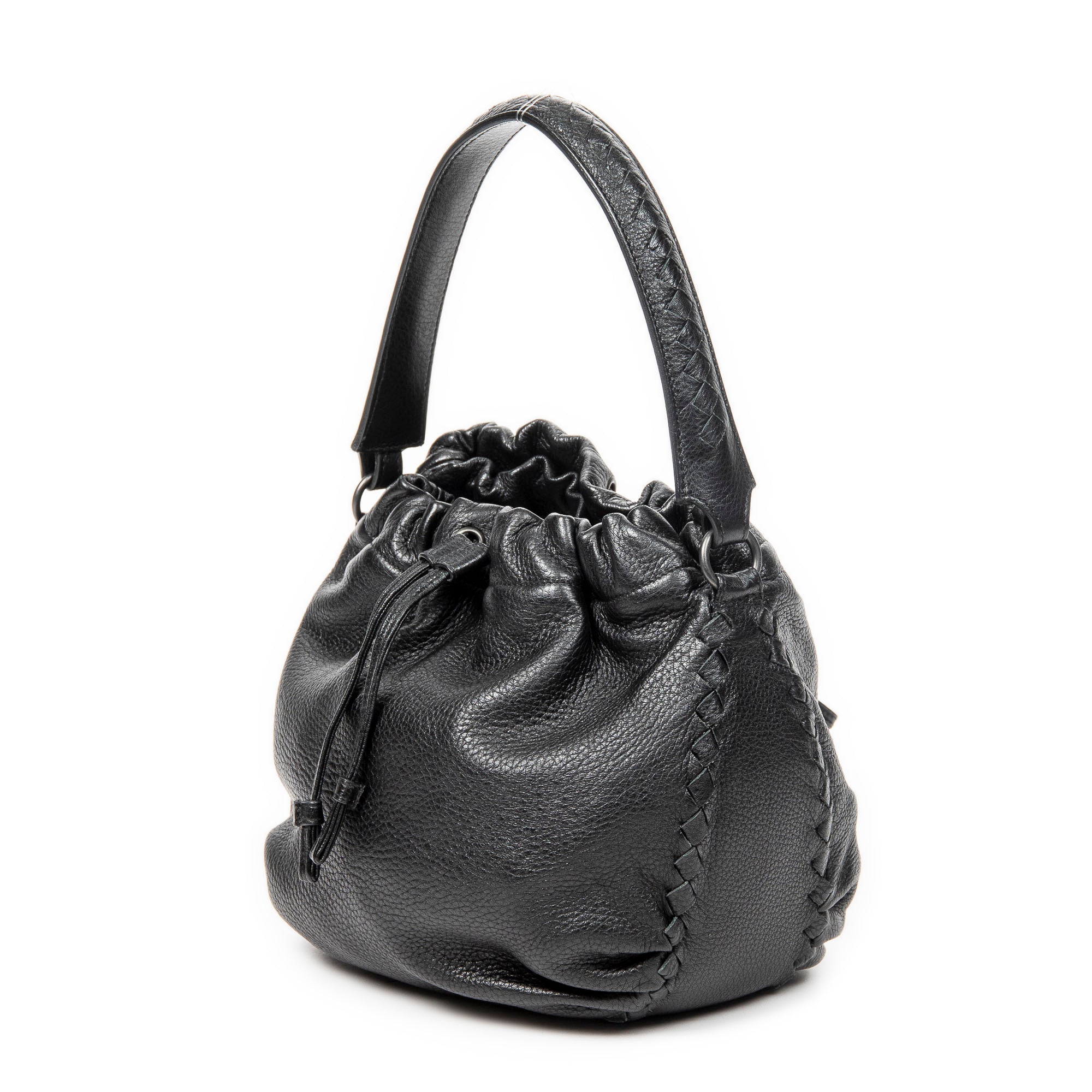 Shoulder Bag Drawstring Bucket Tote Black Grained Leather