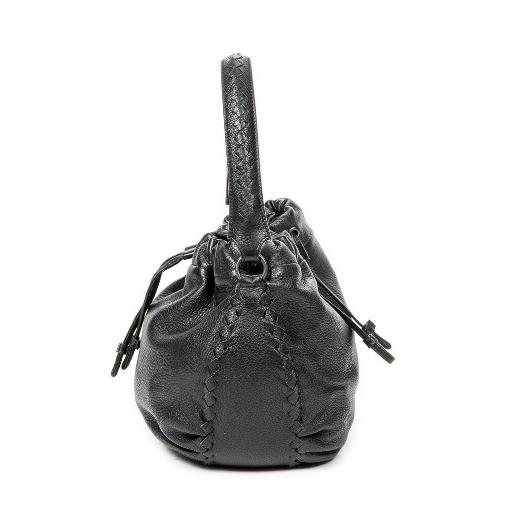 Shoulder Bag Drawstring Bucket Tote Black Grained Leather