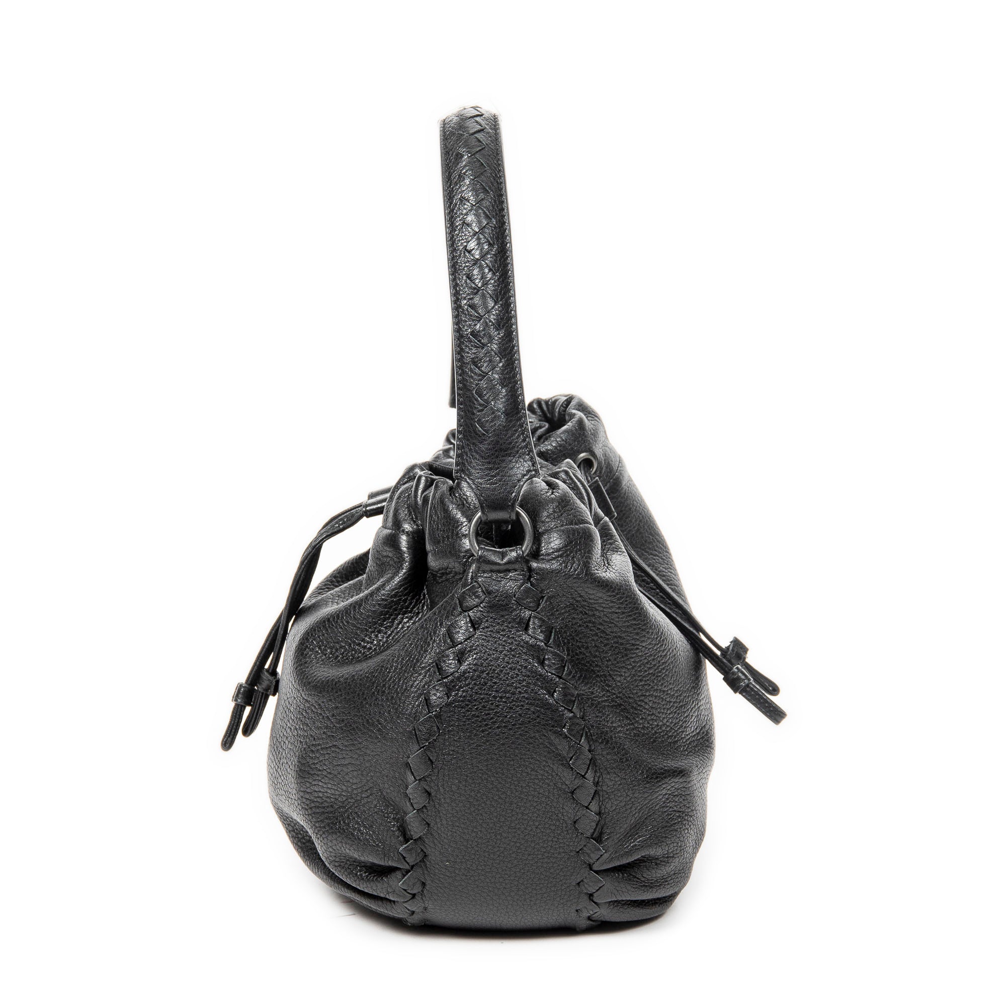 Shoulder Bag Drawstring Bucket Tote Black Grained Leather