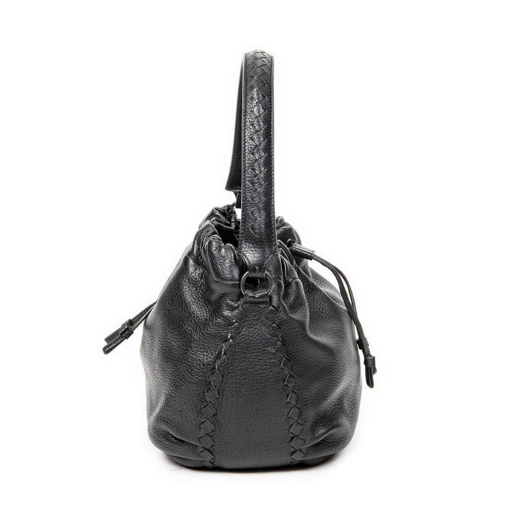 Shoulder Bag Drawstring Bucket Tote Black Grained Leather