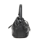 Shoulder Bag Drawstring Bucket Tote Black Grained Leather