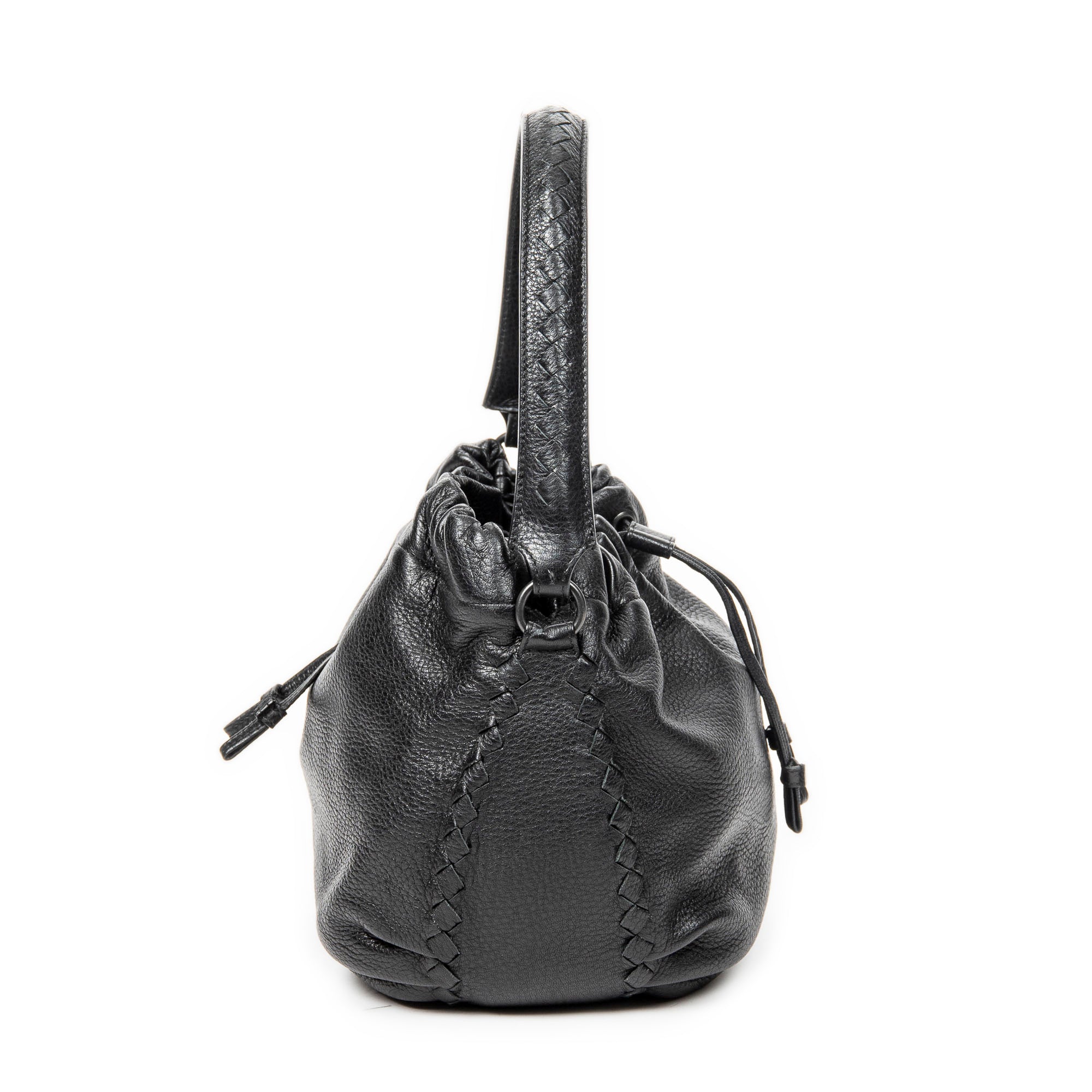 Shoulder Bag Drawstring Bucket Tote Black Grained Leather