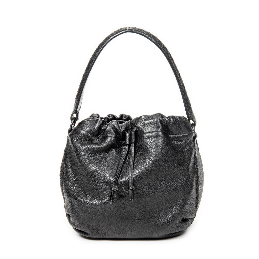 Shoulder Bag Drawstring Bucket Tote Black Grained Leather