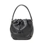 Shoulder Bag Drawstring Bucket Tote Black Grained Leather