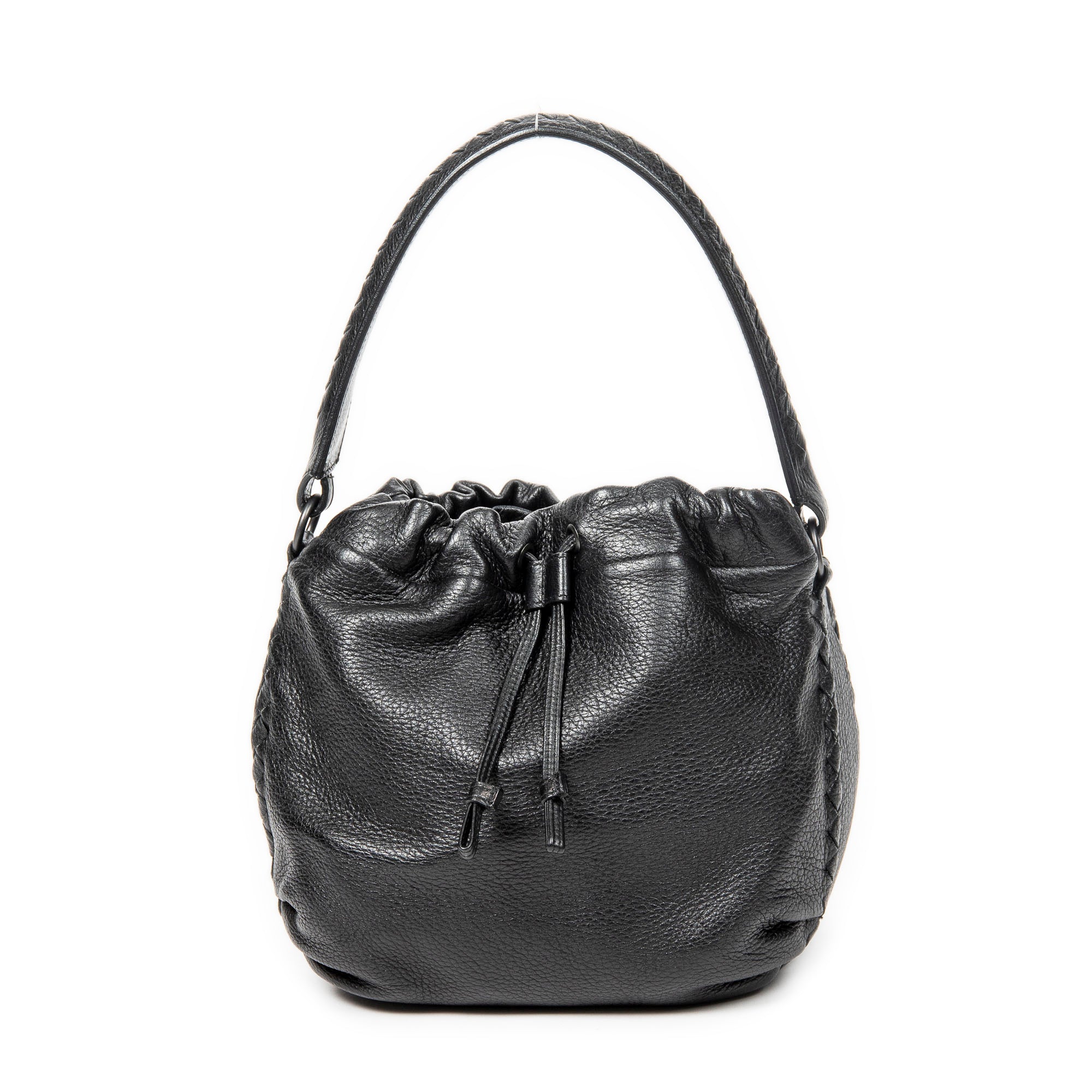 Shoulder Bag Drawstring Bucket Tote Black Grained Leather
