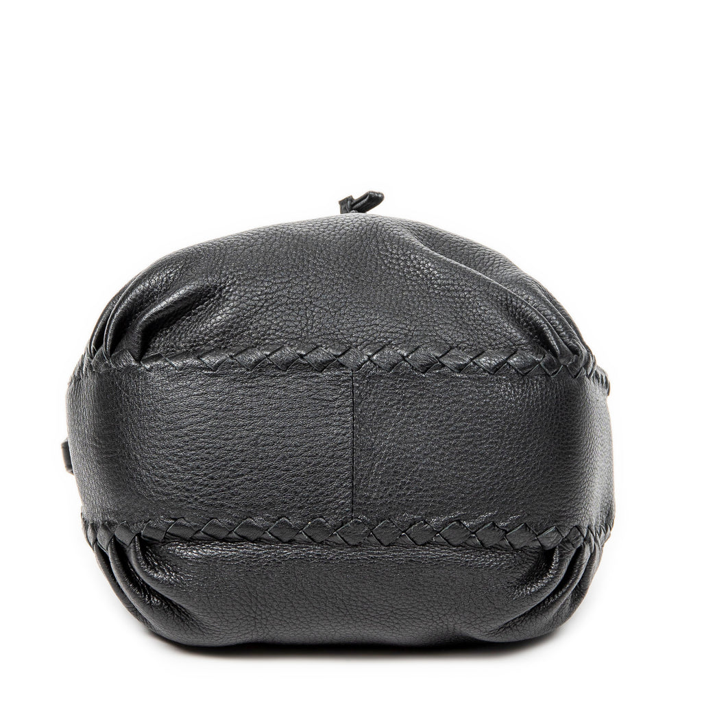 Shoulder Bag Drawstring Bucket Tote Black Grained Leather