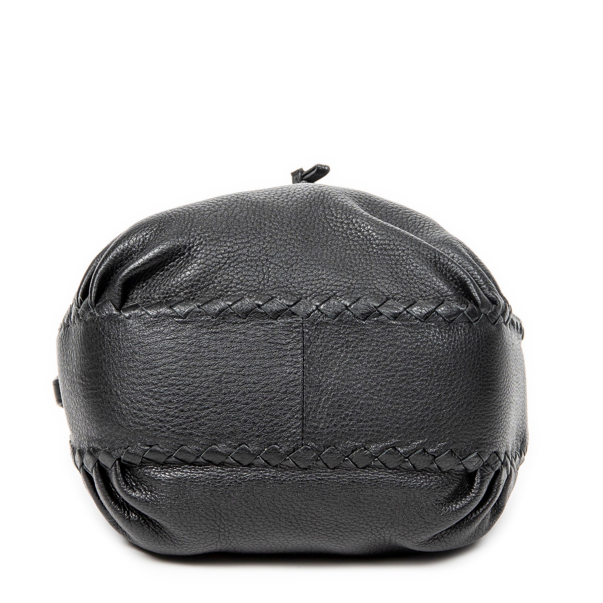 Shoulder Bag Drawstring Bucket Tote Black Grained Leather