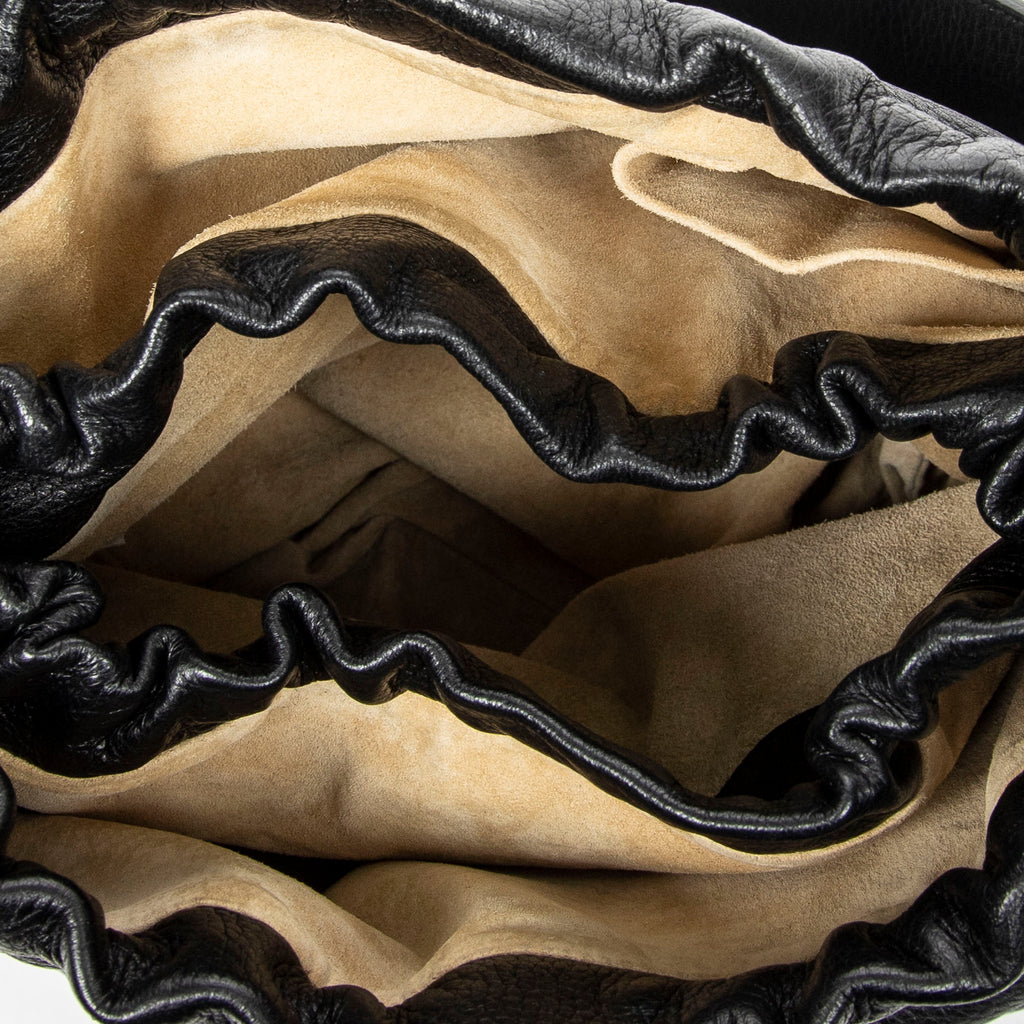 Shoulder Bag Drawstring Bucket Tote Black Grained Leather