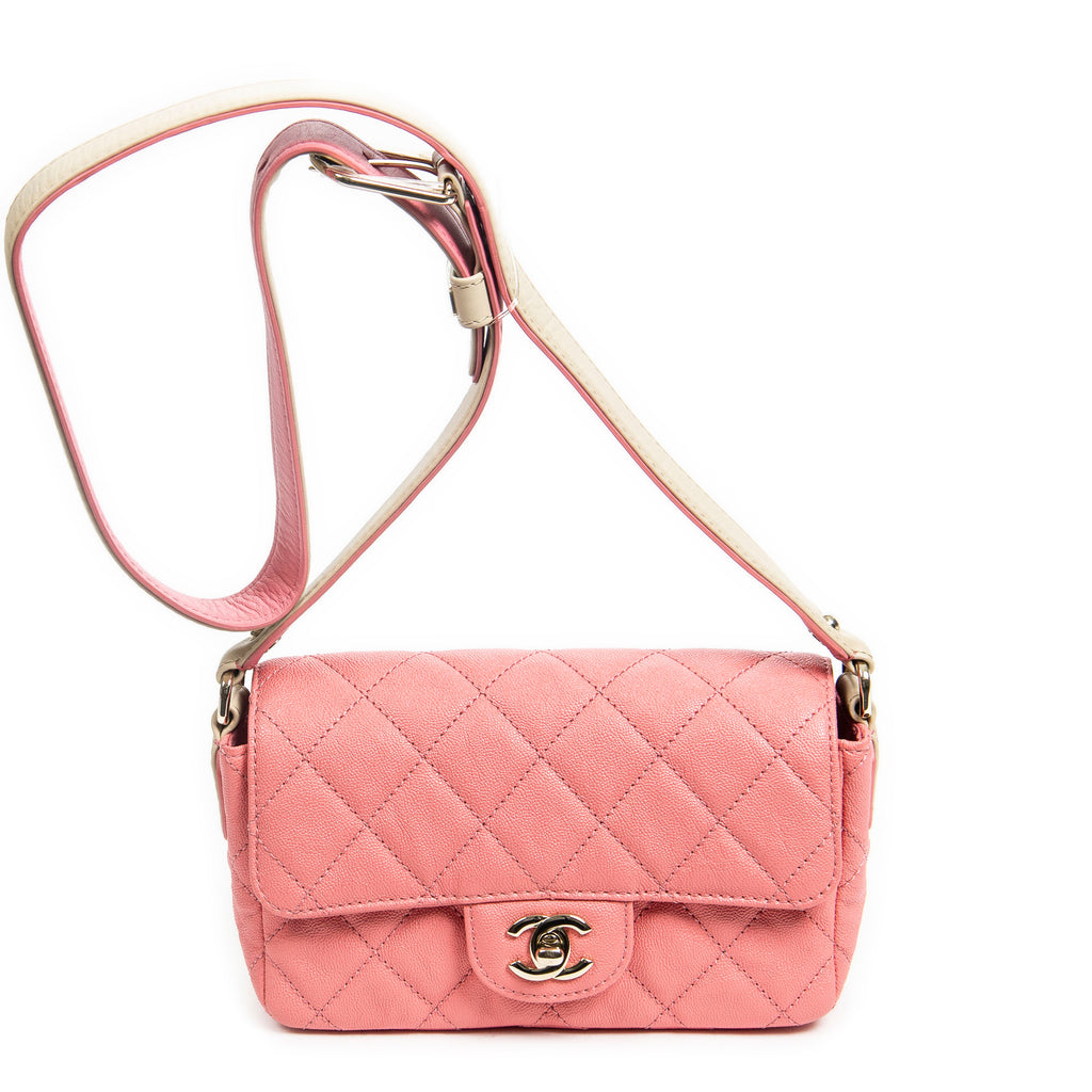 Shoulder Bag Mini Flap with Thick Strap Pink Quilted Caviar Leather