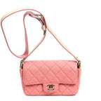 Shoulder Bag Mini Flap with Thick Strap Pink Quilted Caviar Leather