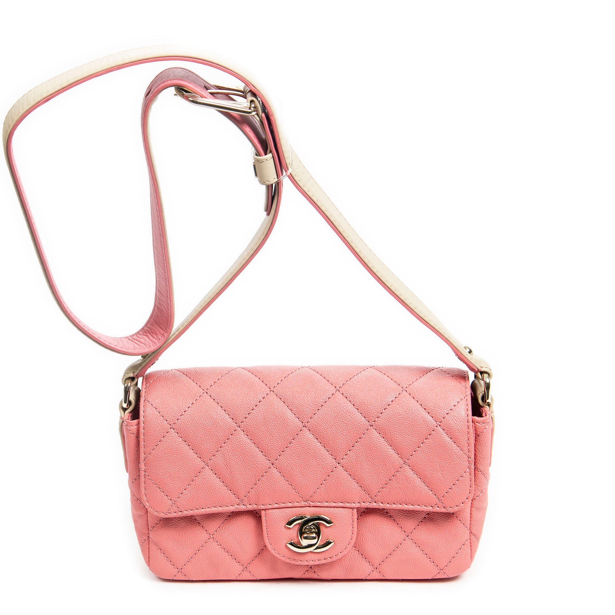 Shoulder Bag Mini Flap with Thick Strap Pink Quilted Caviar Leather