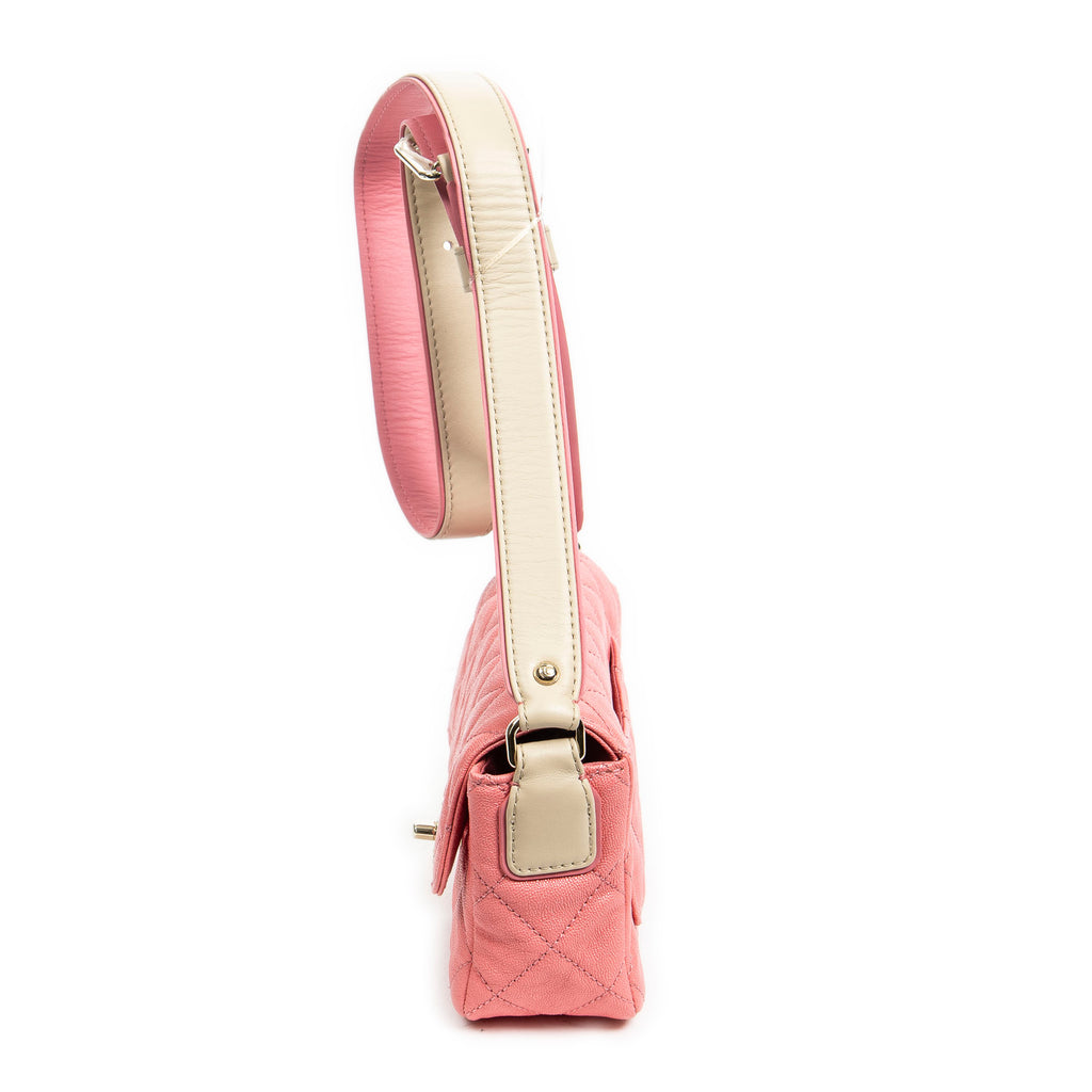 Shoulder Bag Mini Flap with Thick Strap Pink Quilted Caviar Leather