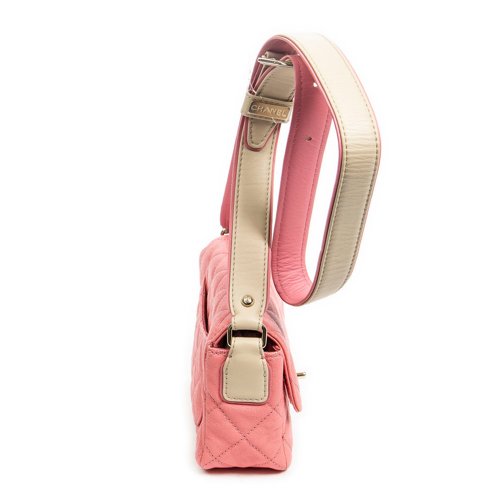 Shoulder Bag Mini Flap with Thick Strap Pink Quilted Caviar Leather
