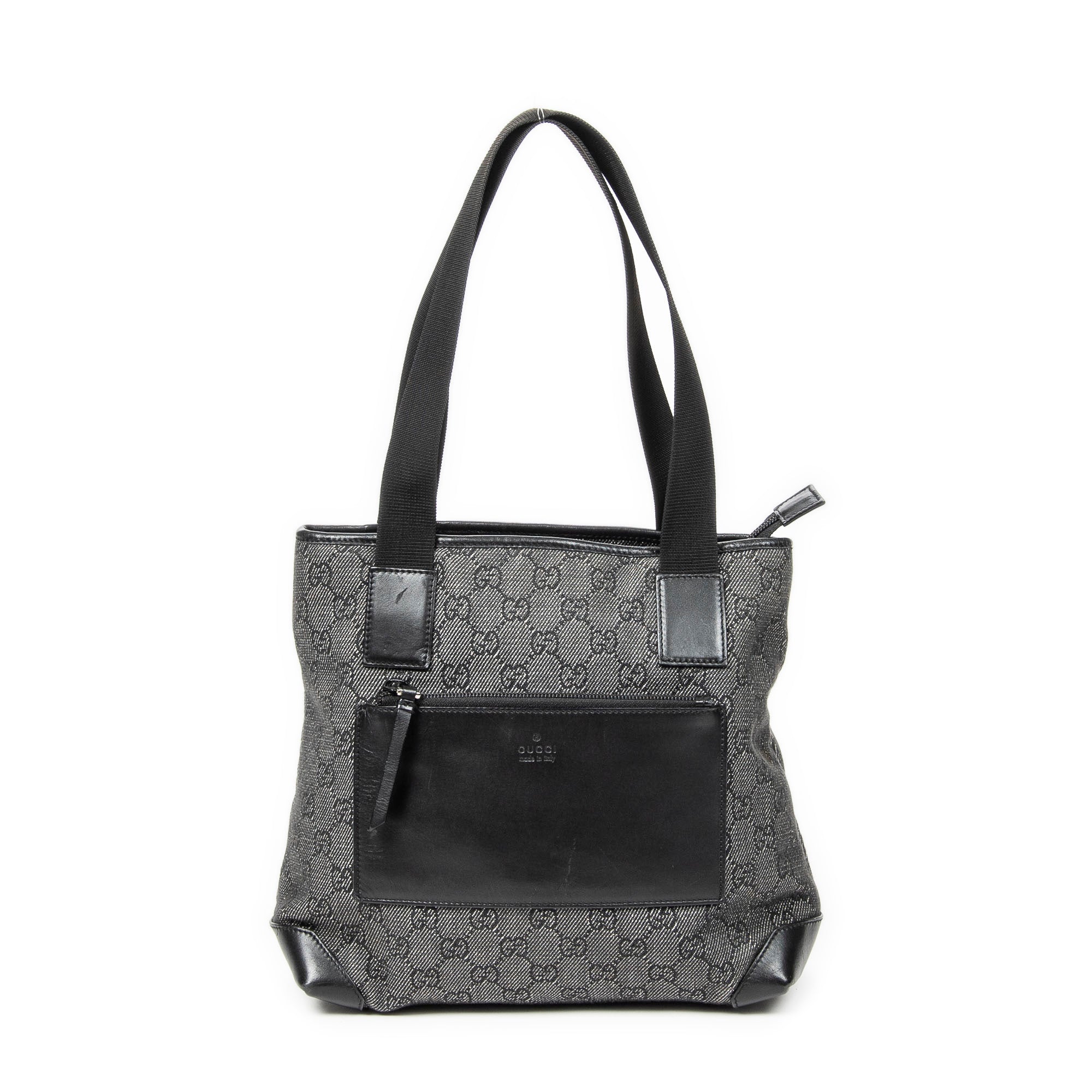 Shoulder Bag Small Front Pocket Zip Tote Black Monogrammed Denim Canvas