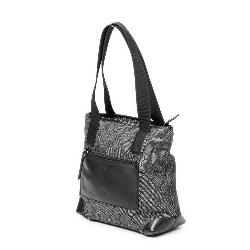 Shoulder Bag Small Front Pocket Zip Tote Black Monogrammed Denim Canvas
