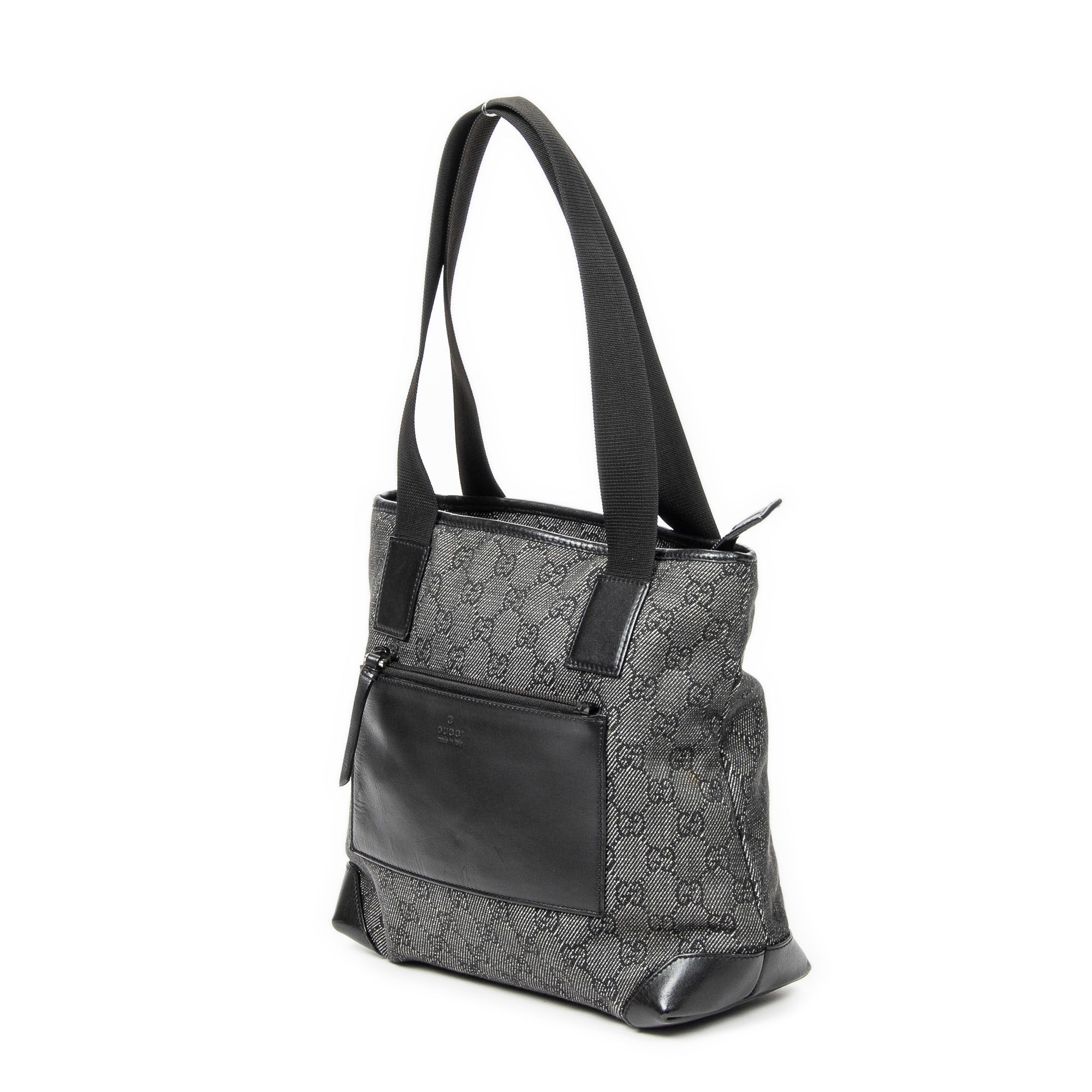 Shoulder Bag Small Front Pocket Zip Tote Black Monogrammed Denim Canvas