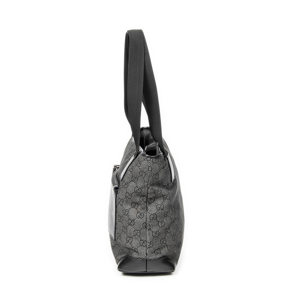 Shoulder Bag Small Front Pocket Zip Tote Black Monogrammed Denim Canvas