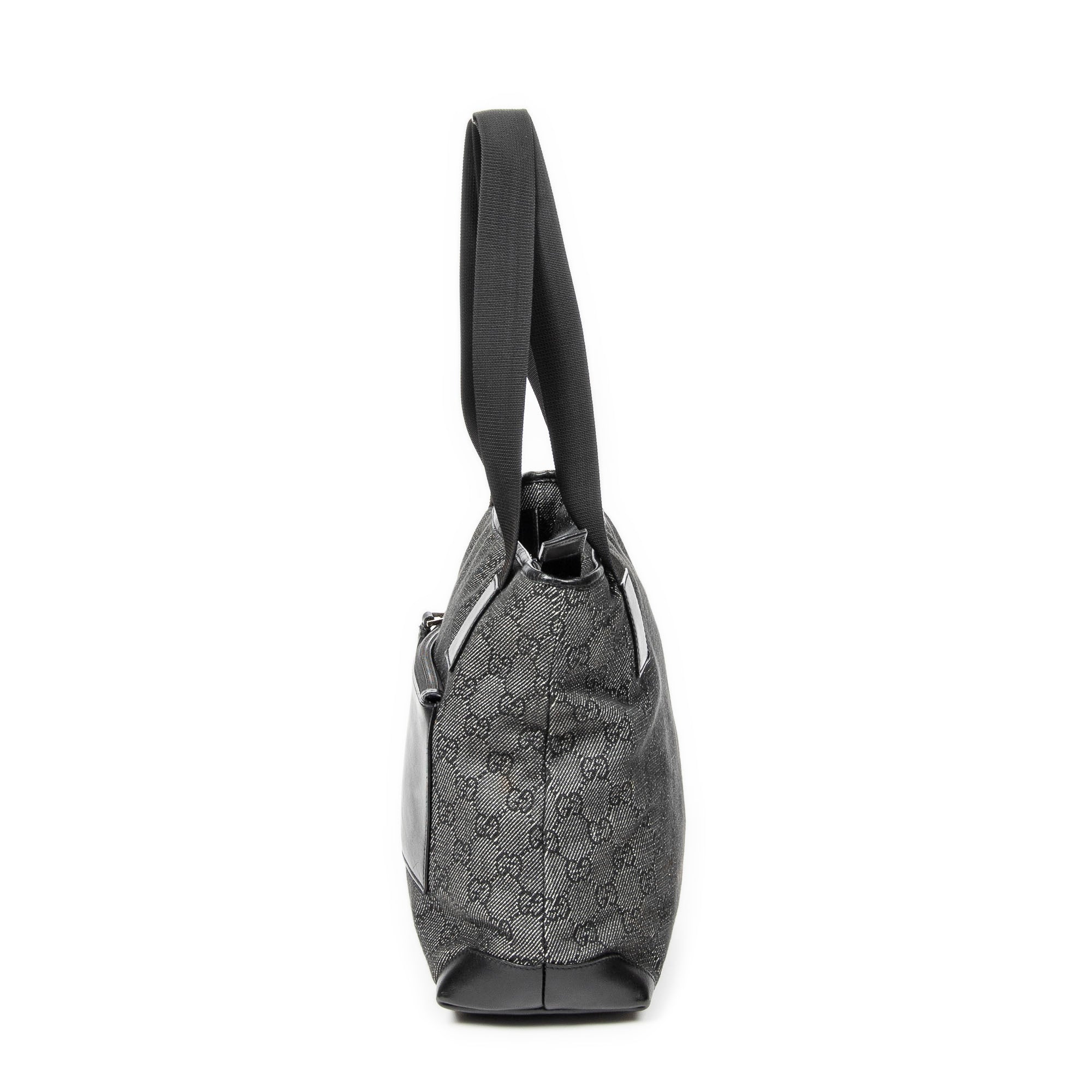 Shoulder Bag Small Front Pocket Zip Tote Black Monogrammed Denim Canvas