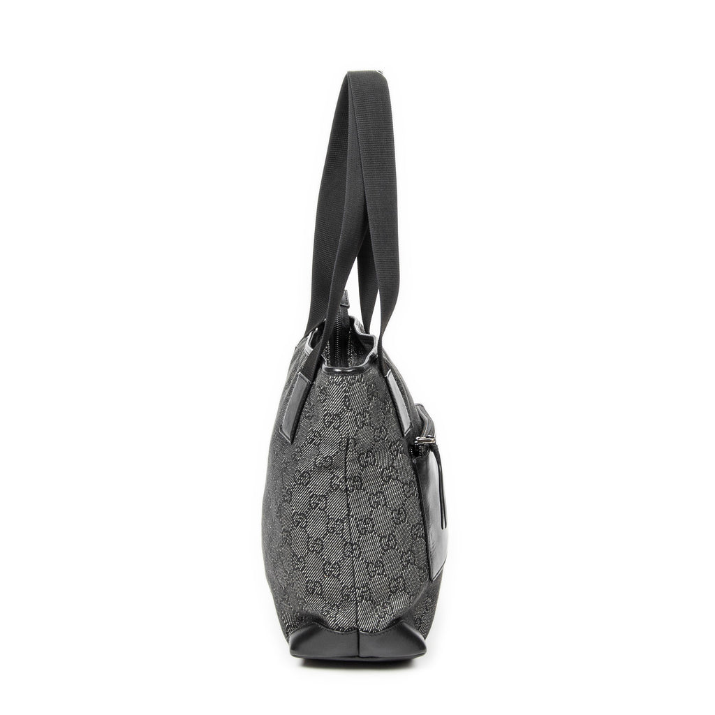 Shoulder Bag Small Front Pocket Zip Tote Black Monogrammed Denim Canvas