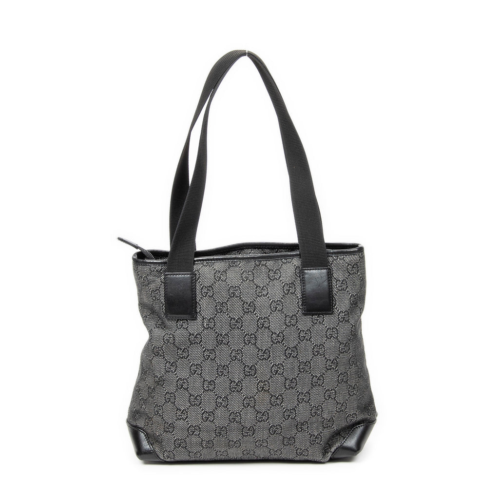 Shoulder Bag Small Front Pocket Zip Tote Black Monogrammed Denim Canvas