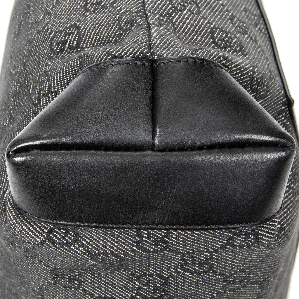 Shoulder Bag Small Front Pocket Zip Tote Black Monogrammed Denim Canvas