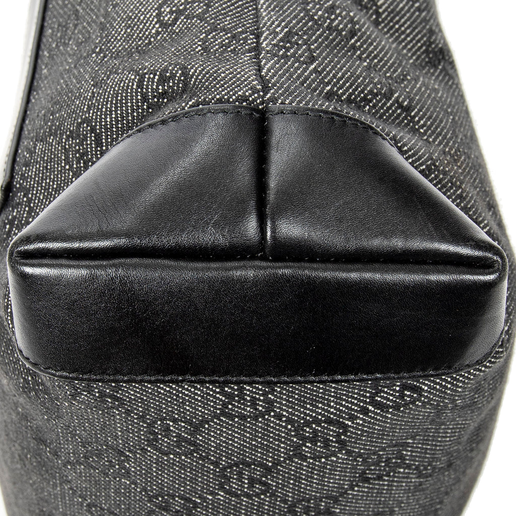 Shoulder Bag Small Front Pocket Zip Tote Black Monogrammed Denim Canvas