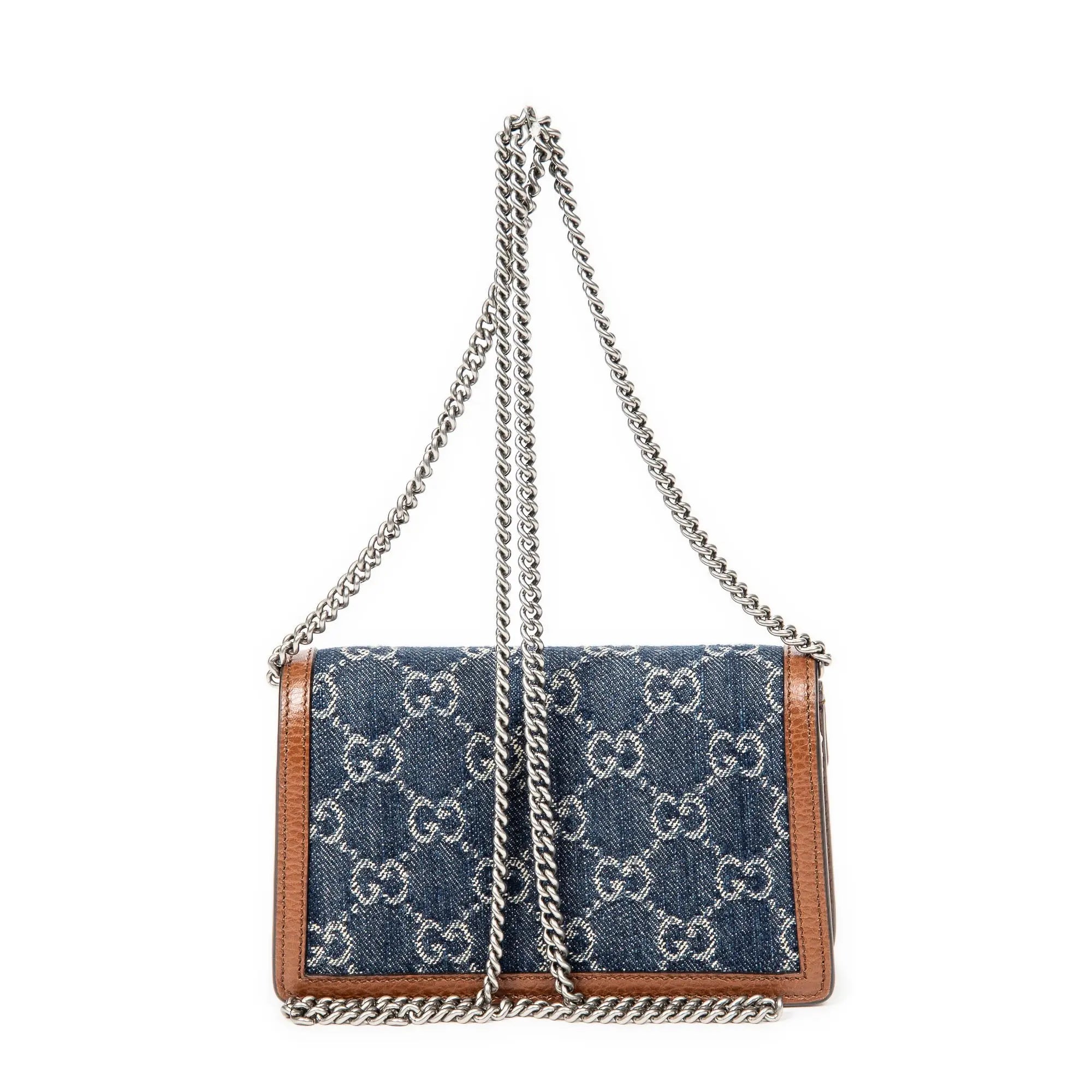 Bolso Bandolera Mini Dionysus Cadena Cruzada Lona Vaquera Monogramada Color Camel