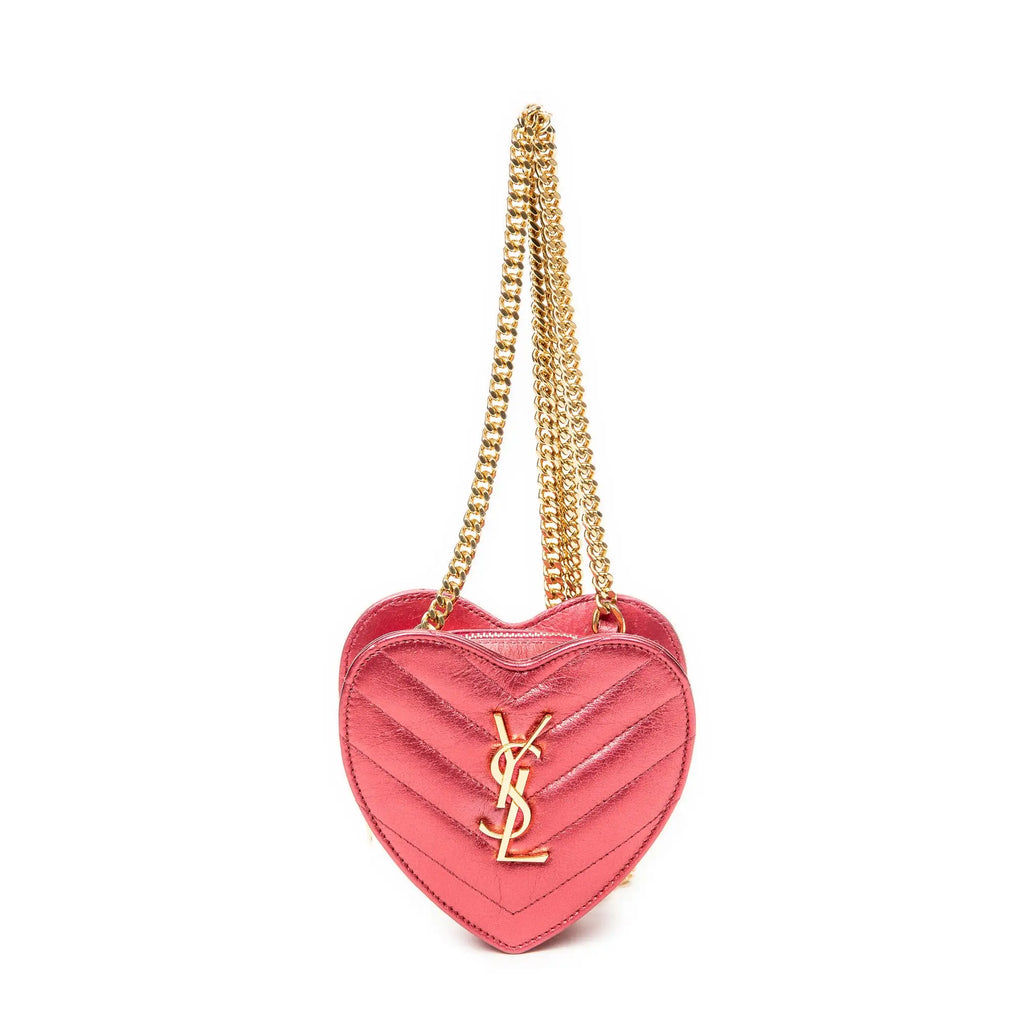 Bolso de Hombro Cadena Corazón Amor Piel de Becerro Acolchada Chevron Rosa Metalizado