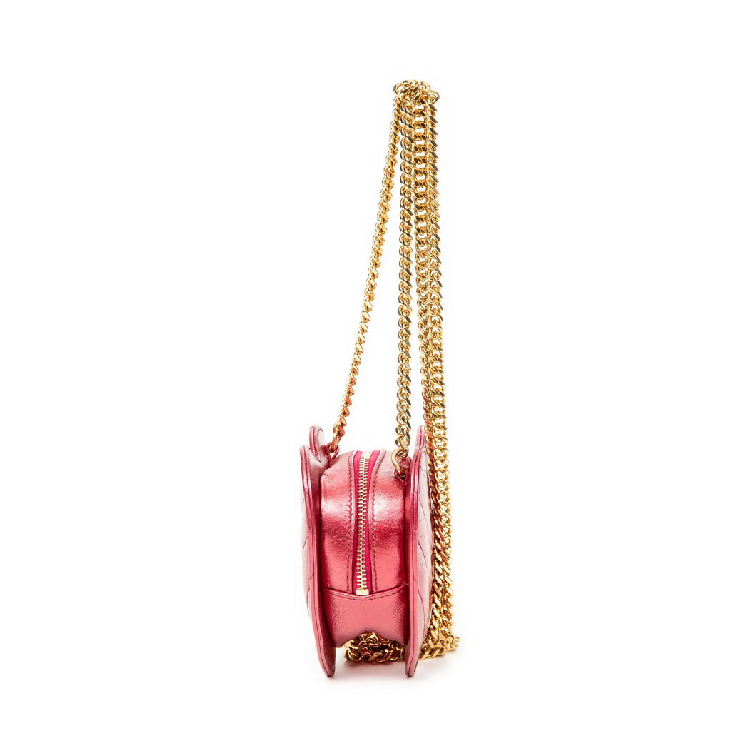 Bolso de Hombro Cadena Corazón Amor Piel de Becerro Acolchada Chevron Rosa Metalizado