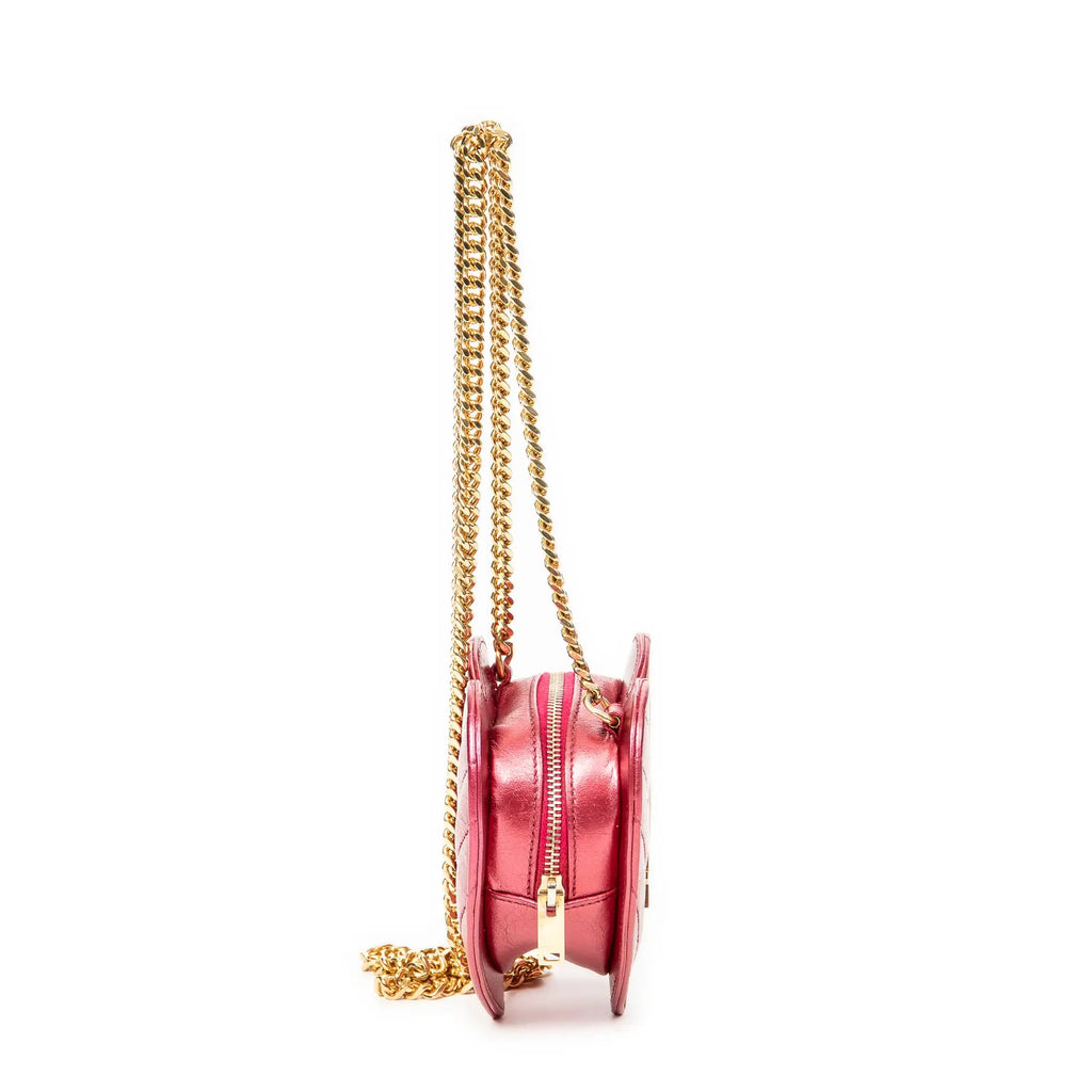 Bolso de Hombro Cadena Corazón Amor Piel de Becerro Acolchada Chevron Rosa Metalizado