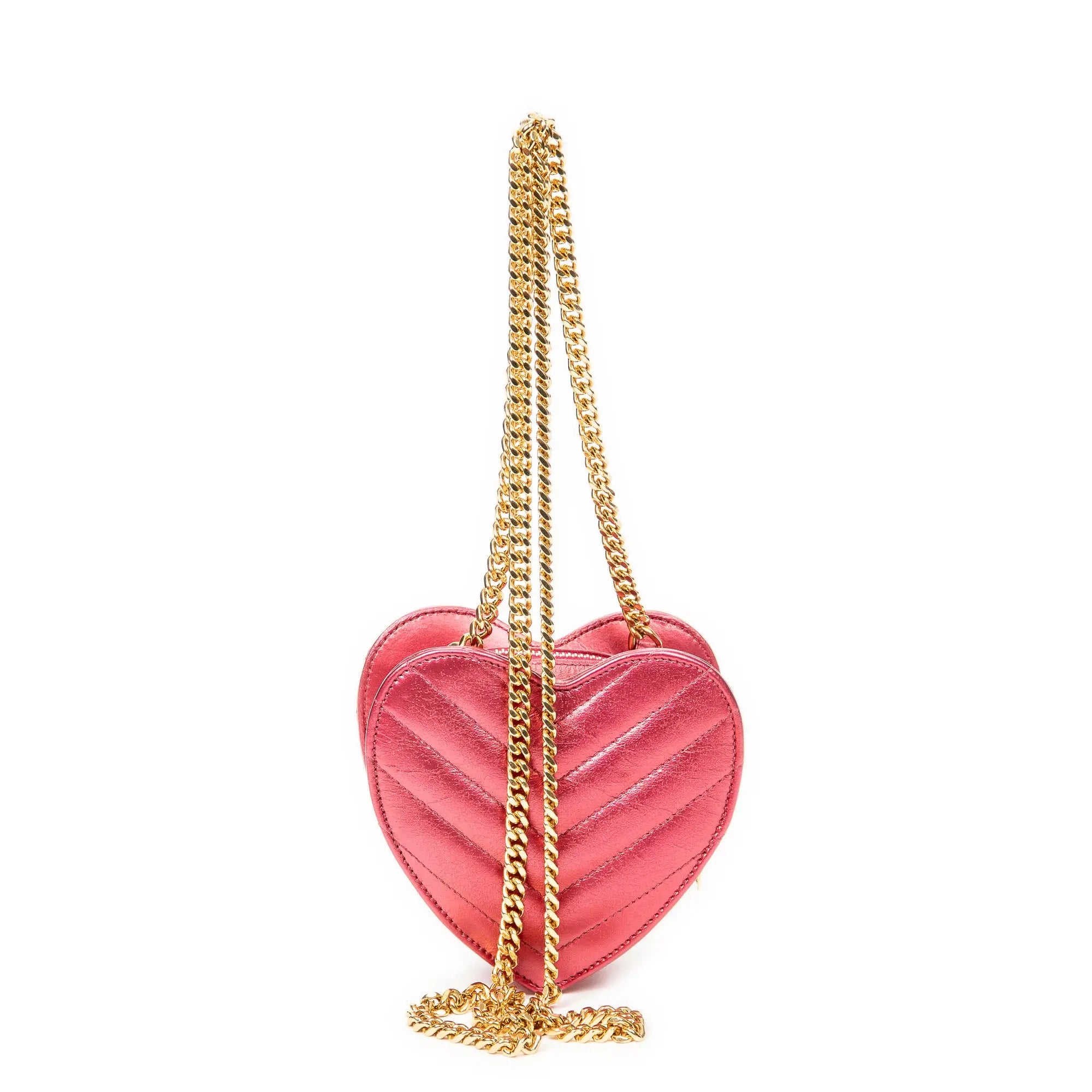 Bolso de Hombro Cadena Corazón Amor Piel de Becerro Acolchada Chevron Rosa Metalizado