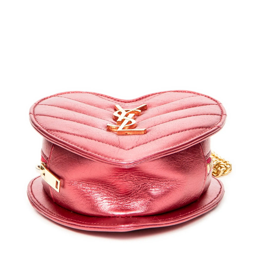 Bolso de Hombro Cadena Corazón Amor Piel de Becerro Acolchada Chevron Rosa Metalizado