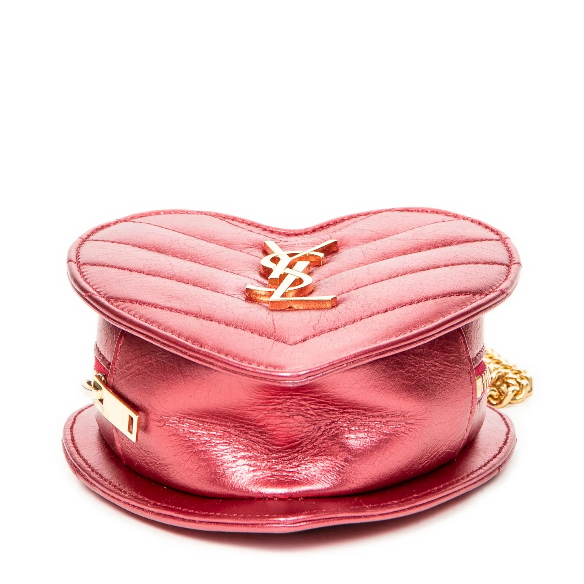 Bolso de Hombro Cadena Corazón Amor Piel de Becerro Acolchada Chevron Rosa Metalizado