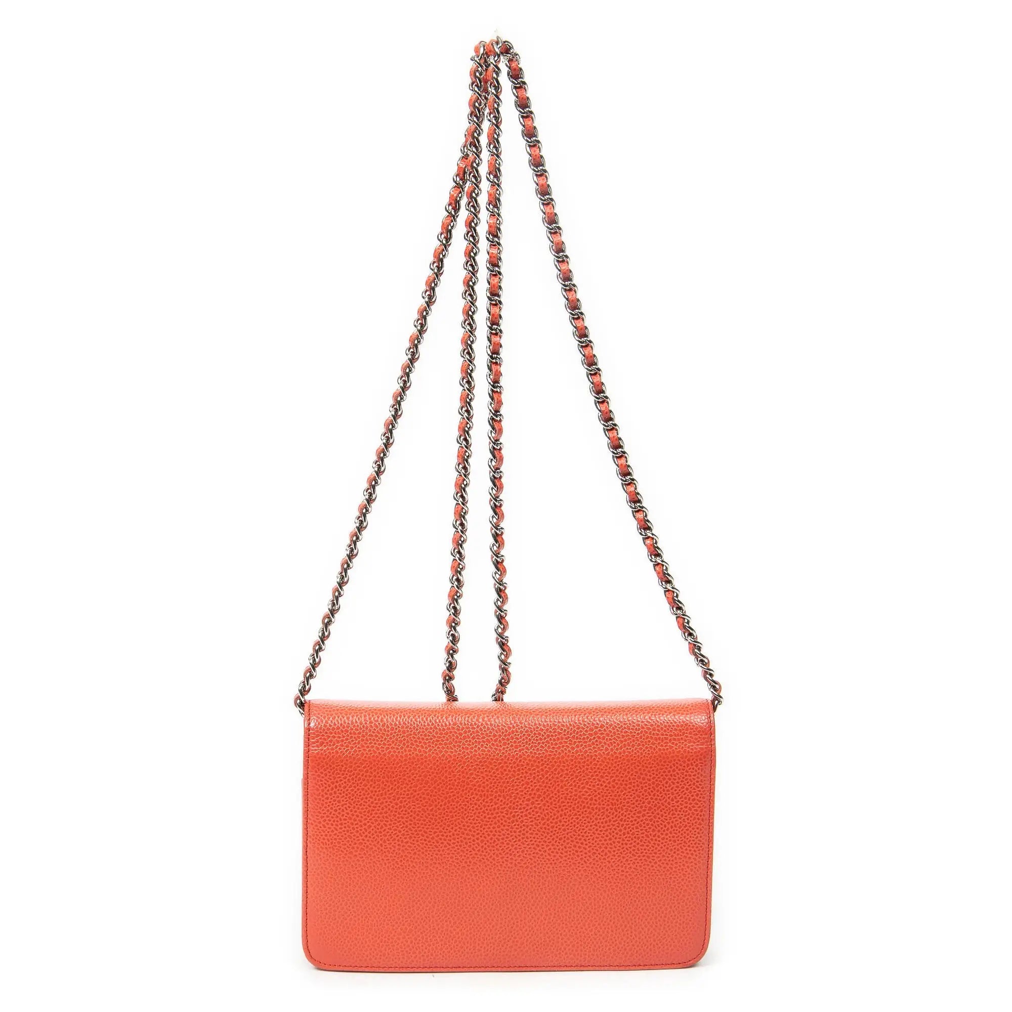 Bandolera CC Wallet on Chain de cuero caviar rojo coral