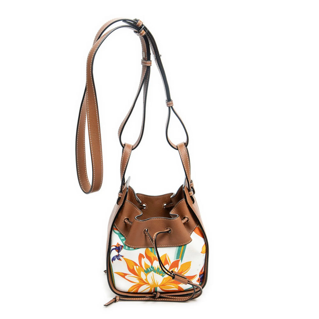 Bolso de hombro Loewe x Paula's Ibiza Mini Hammock Drawstring Bag Lona Estampada Floral Marfil