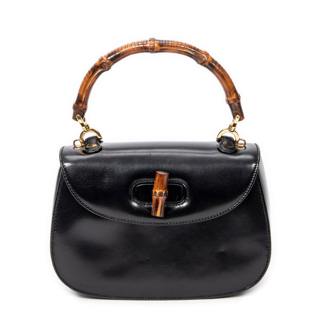 Shoulder Bag Vintage Small Bamboo Top Handle Flap Black Smooth Calfskin Leather