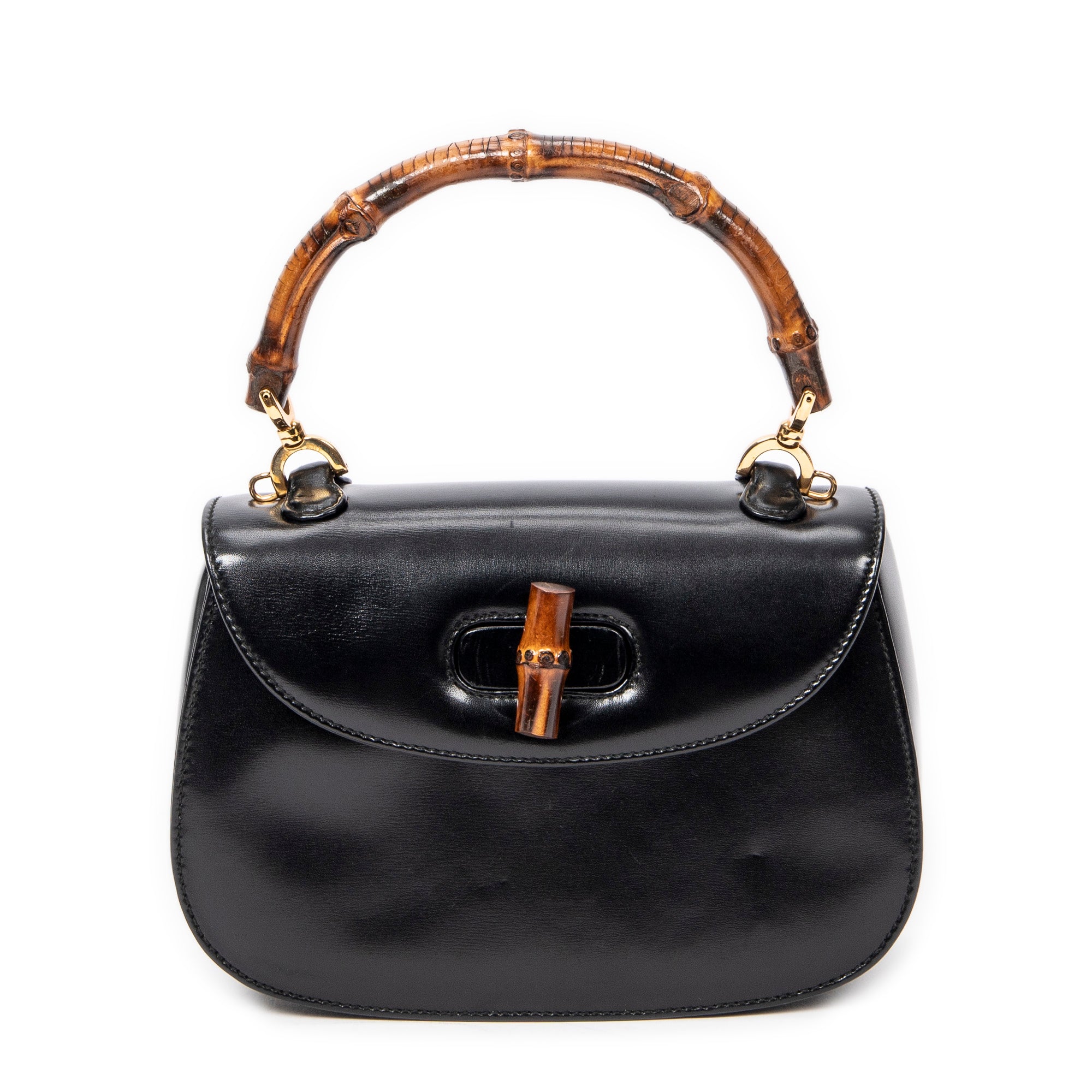 Shoulder Bag Vintage Small Bamboo Top Handle Flap Black Smooth Calfskin Leather