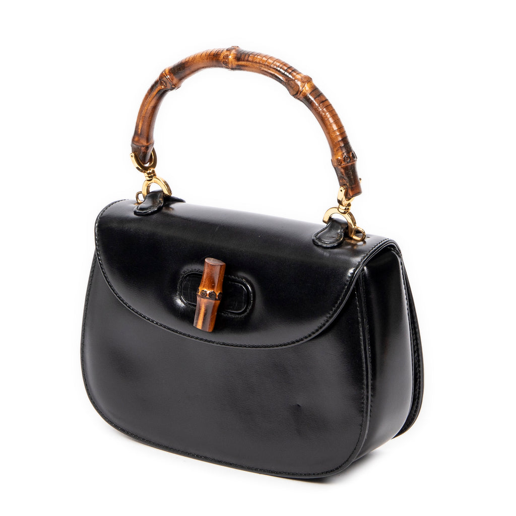 Shoulder Bag Vintage Small Bamboo Top Handle Flap Black Smooth Calfskin Leather