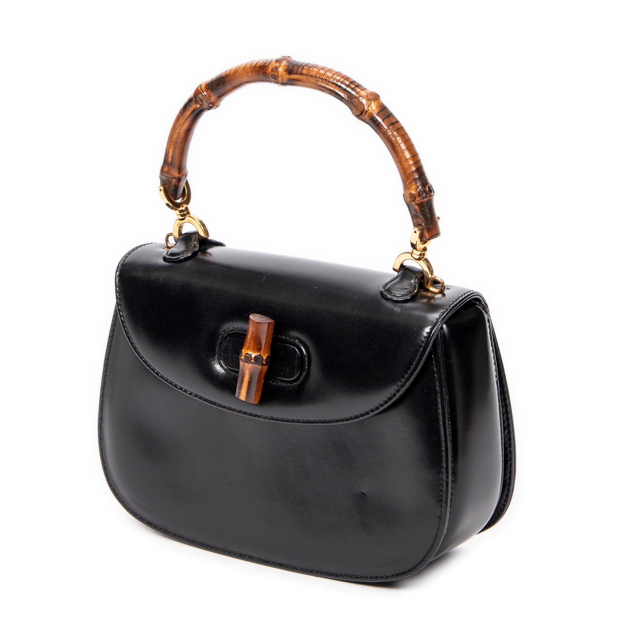 Shoulder Bag Vintage Small Bamboo Top Handle Flap Black Smooth Calfskin Leather