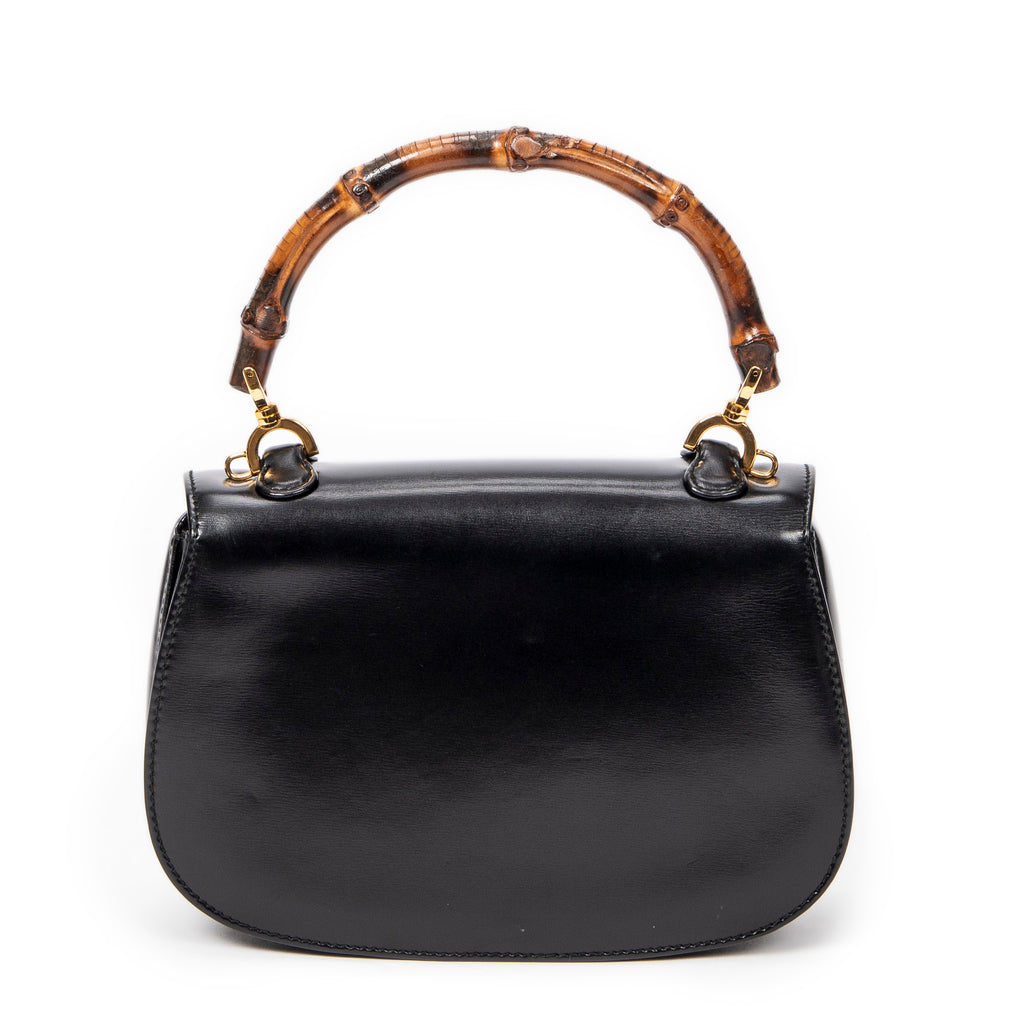Shoulder Bag Vintage Small Bamboo Top Handle Flap Black Smooth Calfskin Leather