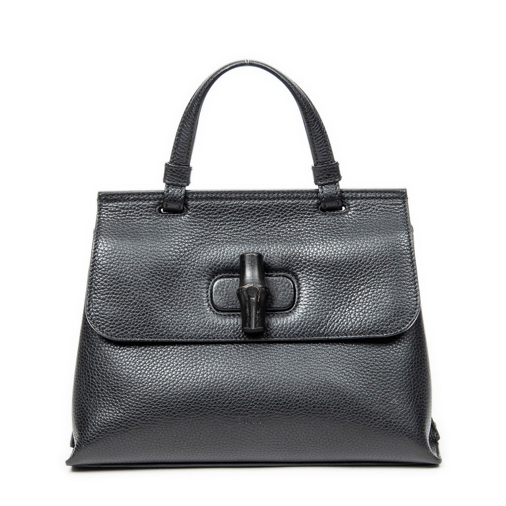 Shoulder Bag Small Bamboo Daily Top Handle Black Grained Calfskin Leather
