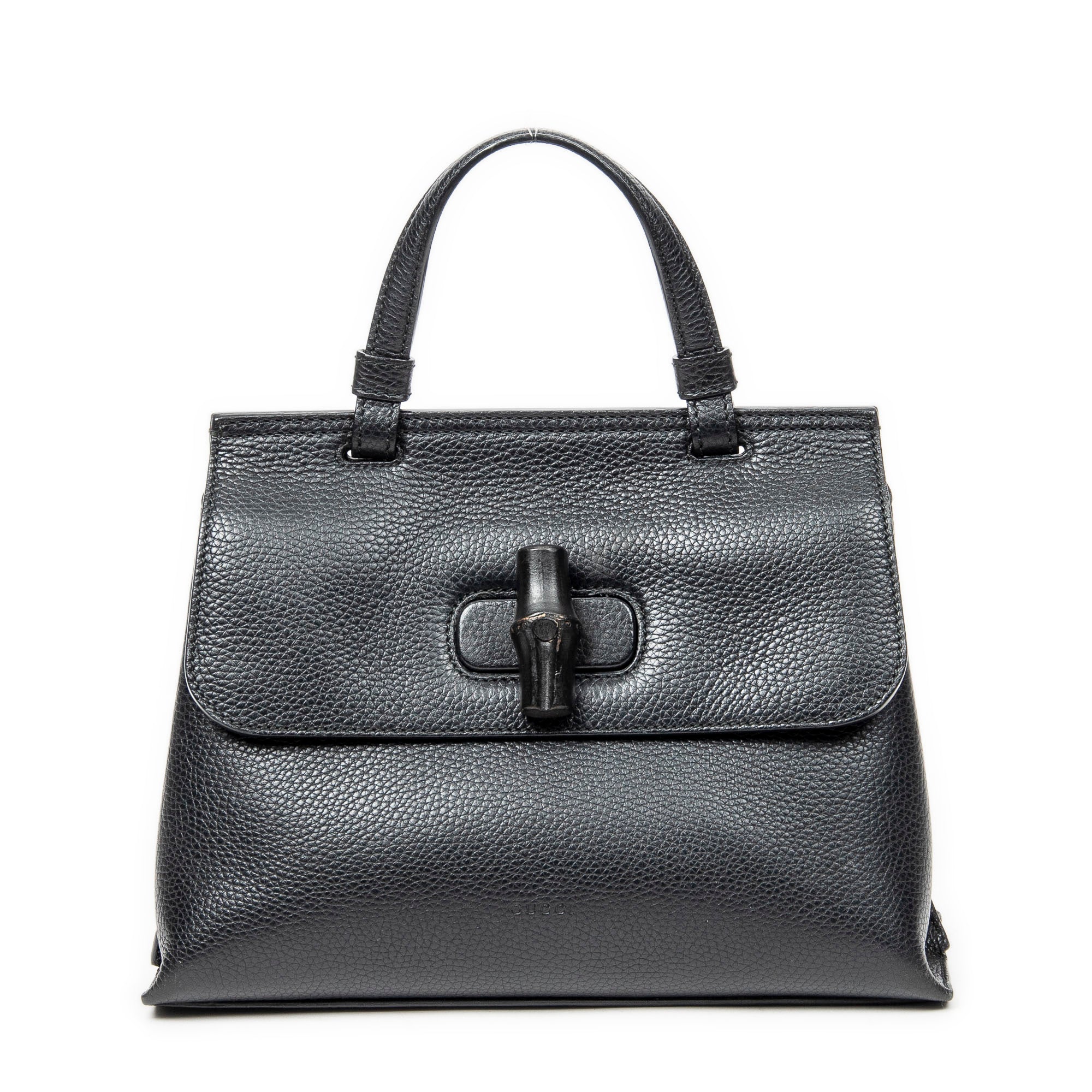 Shoulder Bag Small Bamboo Daily Top Handle Black Grained Calfskin Leather