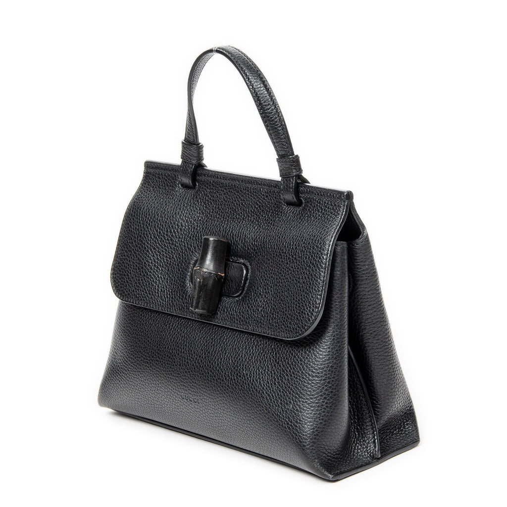 Shoulder Bag Small Bamboo Daily Top Handle Black Grained Calfskin Leather