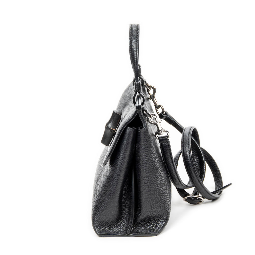 Shoulder Bag Small Bamboo Daily Top Handle Black Grained Calfskin Leather