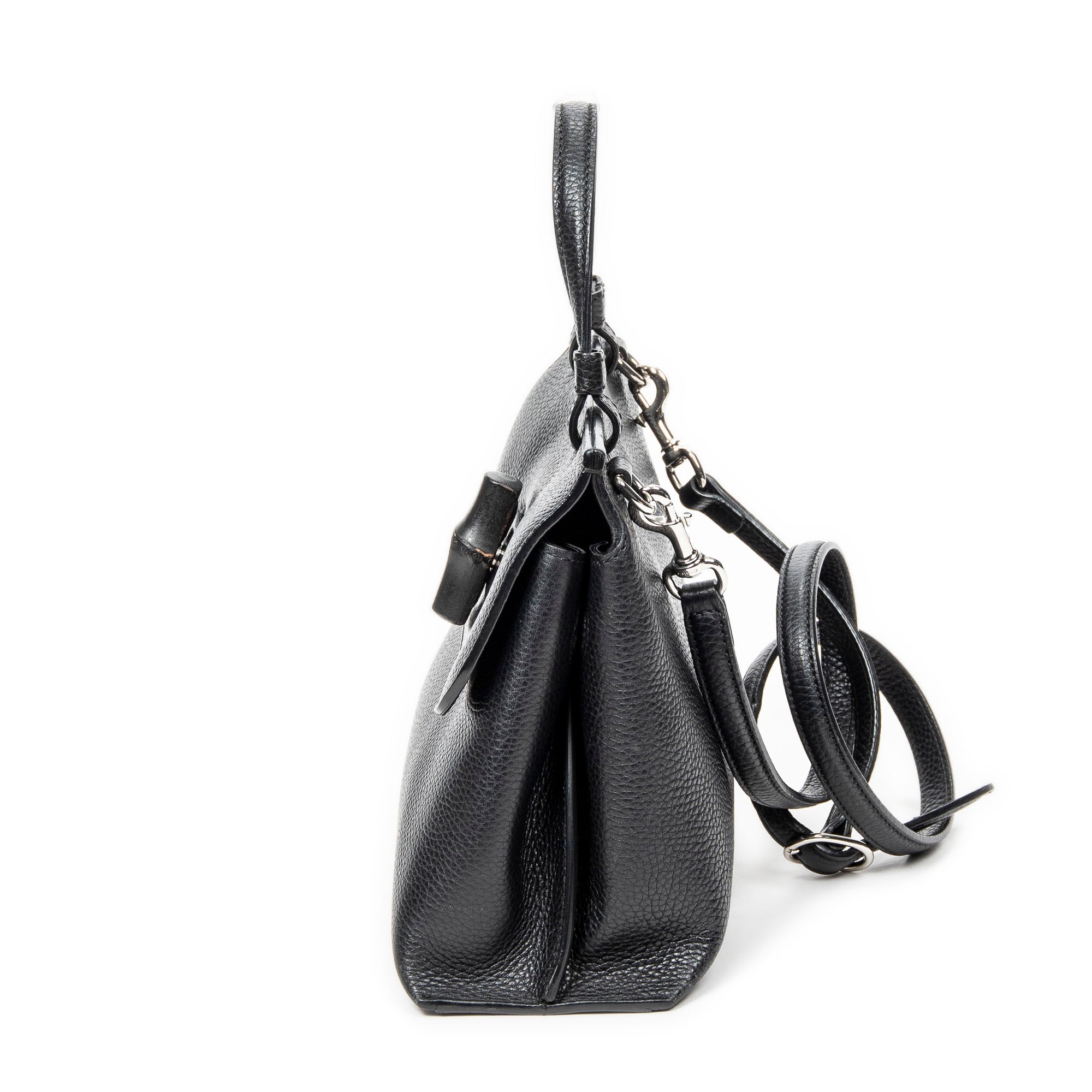 Shoulder Bag Small Bamboo Daily Top Handle Black Grained Calfskin Leather
