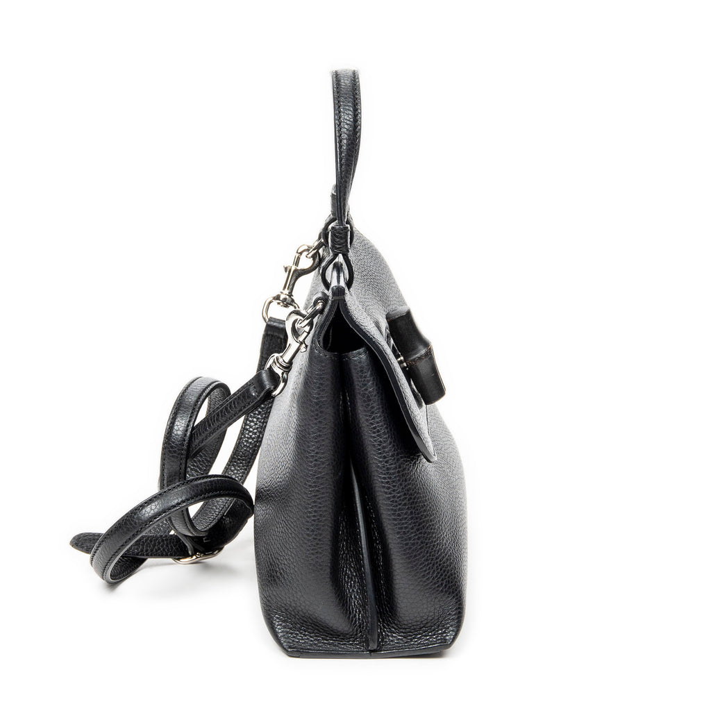 Shoulder Bag Small Bamboo Daily Top Handle Black Grained Calfskin Leather