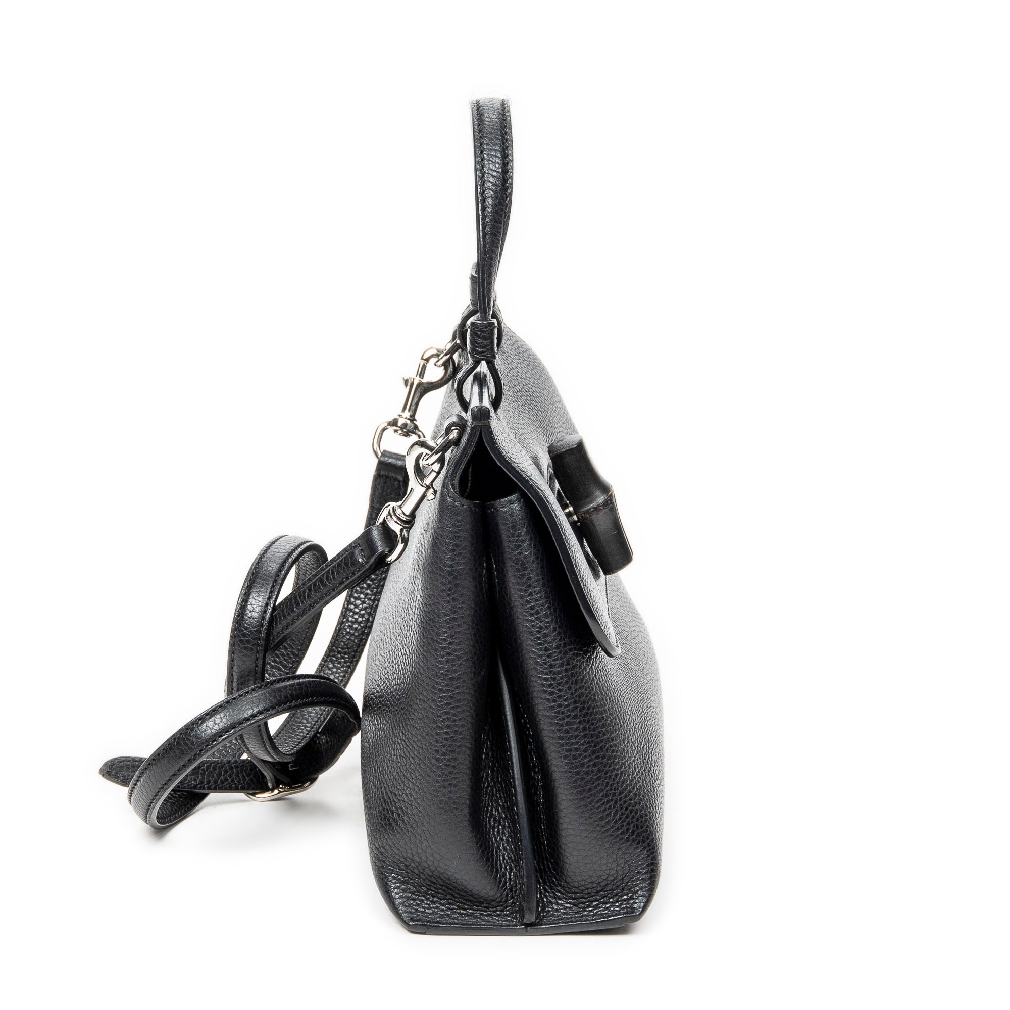 Shoulder Bag Small Bamboo Daily Top Handle Black Grained Calfskin Leather