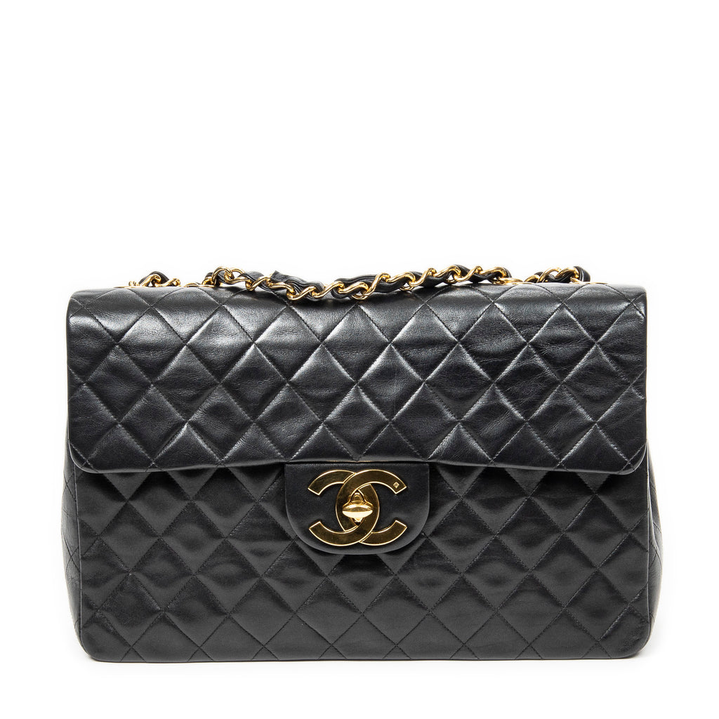 Shoulder Bag Maxi Jumbo XL Flap Black Quilted Lambskin Leather